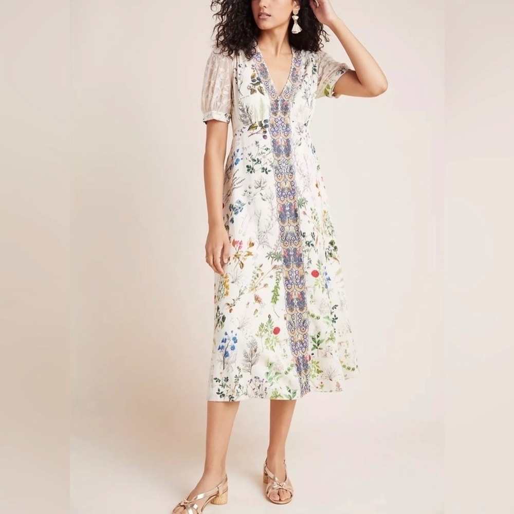 New Geisha Designs Anthropologie White Donna Botanical Floral Midi Dress Small